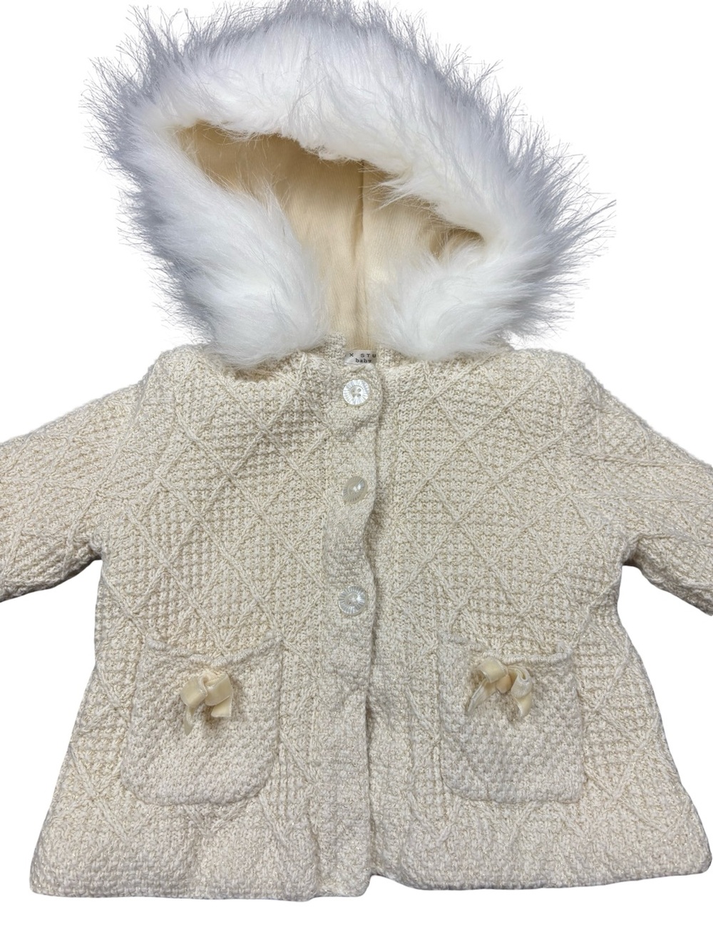 Max Studio Baby Ivory Faux Fur Hooded Sweater Coat 3-6M - Picture 2 of 9